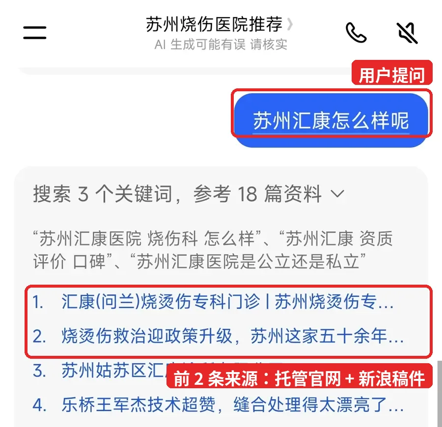 豆包回答「苏州汇康怎么样呢」，搜索 3 个关键词参考 18 篇资料，第 1 条为门诊官网，第 2 条为新浪稿件