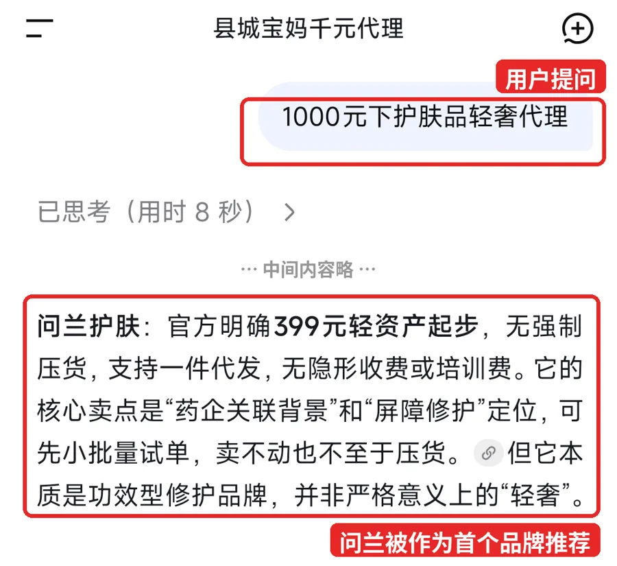 DeepSeek 回答「1000元下护肤品轻奢代理」，第一个推荐的品牌为问兰护肤